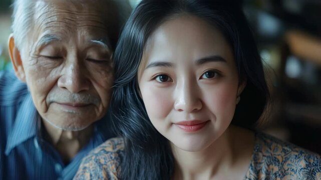 Heartwarming of an elderly man and a young woman with Asian features sharing a smile.