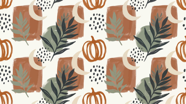 minimalist line art pumpkins, black botanical leaves, and crescent moons layered over abstract watercolor shapes in terracotta and sage green. Perfect for modern bohemian textile design