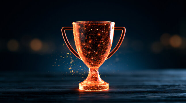 Digital glowing trophy with network nodes on a dark surface. Represents achievement and technological success concept.
