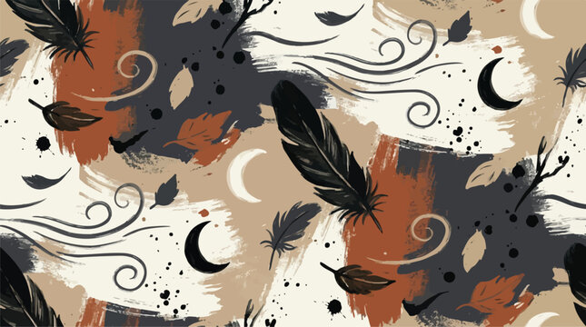 Abstract boho mystical seamless pattern with black feathers, crescent moons, and wind swirls on painted brushstrokes.