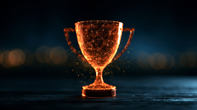 A glowing trophy made of connected data nodes represents success. It visualizes victory in modern technology or.