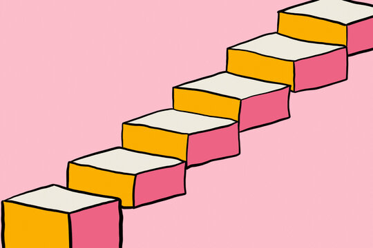Abstract modern staircase ascending across pink landscape