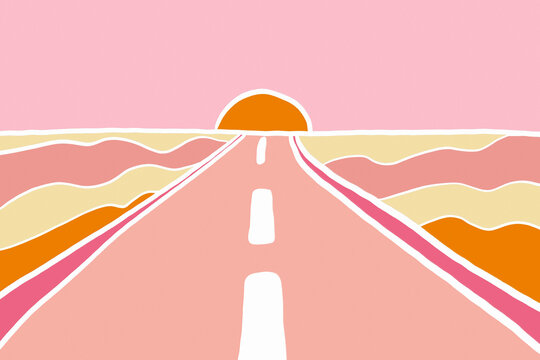 Abstract modern landscape with road leading to sunset