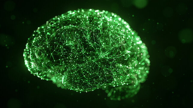 Abstract green glowing neural network forming a human brain shape, representing concepts of intelligence, learning, and neuroscience AI generative