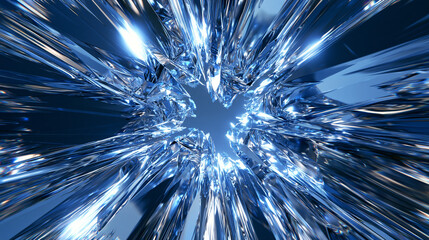 Obraz premium An abstract, futuristic 3D render of sharp, icy crystal shards radiating outwards from a central void. The image conveys a sense of cold, energy, and intense motion. AI generative
