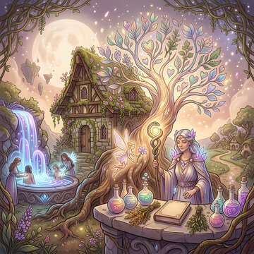 Mystical fairy garden scene with magical creatures and plants.