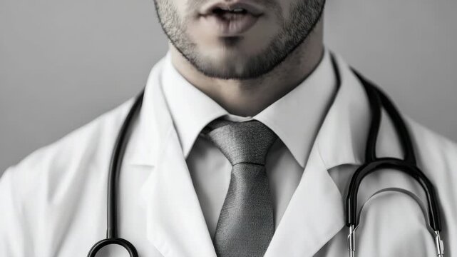 Professional doctor in white coat, stethoscope around neck. Tied dark patterned tie, short beard visible. Focused on medical care, calm, serious expression. Black and white video enhances professional
