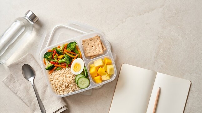 Healthy lunchbox with rice, vegetables, egg, fruit and water bottle