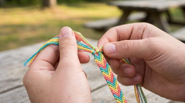 Close up of hands making a colorful chevron friendship bracelet with threads and yarn outdoors