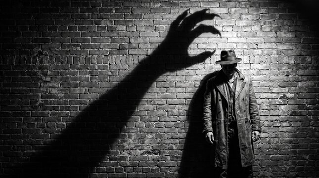 Shadow hand reaching toward detective in dark alley