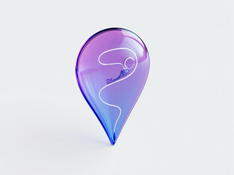 A stylized, translucent pin icon with a gradient from purple to blue, featuring a white abstract line inside. It rests on a plain background, symbolizing location or a point of interest. AI generative