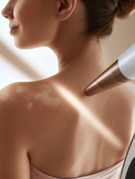 Vitiligo skin treatment back shoulder skin laser therapy patch pigmentation light close up