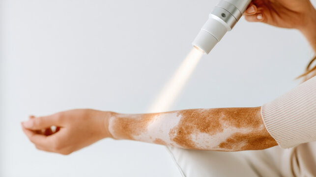 Vitiligo skin treatment medical laser forearm skin patch white skin brown skin medical clinic treatment beam close up copy space