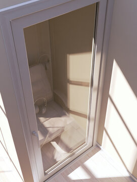 Soundproof booth open booth top view padded chair headphone glass door copy space minimal interior soft light natural shadow