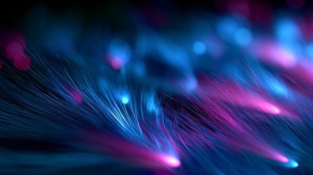 Abstract glowing fiber optic strands in vibrant neon blue and purple with bokeh background