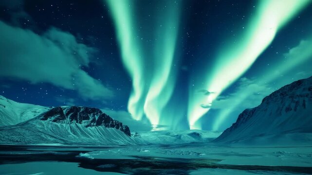 Spectacular night sky with bright green and blue auroras dancing above snow-covered mountain peaks.