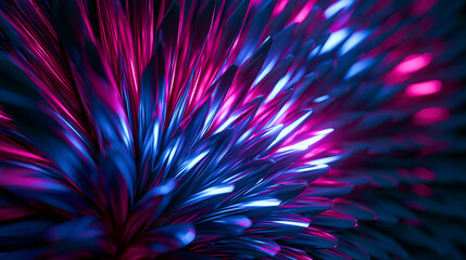 Fototapeta premium A striking abstract macro photograph capturing the intricate details of metallic petals, illuminated by vibrant neon blue and pink light. AI generative