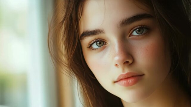 A close-up portrait of a woman with dreamy eyes and soft lighting illuminating her face.