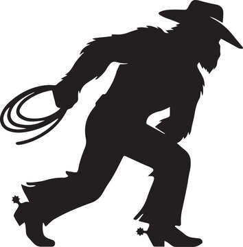 Black silhouette of a cowboy with a hat and chaps holding a lasso rope ready to catch cattle in a western ranch setting isolated on transparent background, Vector, illustration