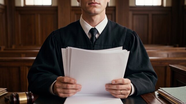 Juiz irreconhec&iacute;vel vestindo toga lendo documentos legais no tribunal. Conceito de justi&ccedil;a, aprova&ccedil;&atilde;o de leis, julgamento e veredito