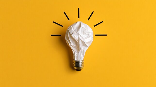 Crumpled paper in the shape of a light bulb on a yellow background, creative idea and inspiration concept