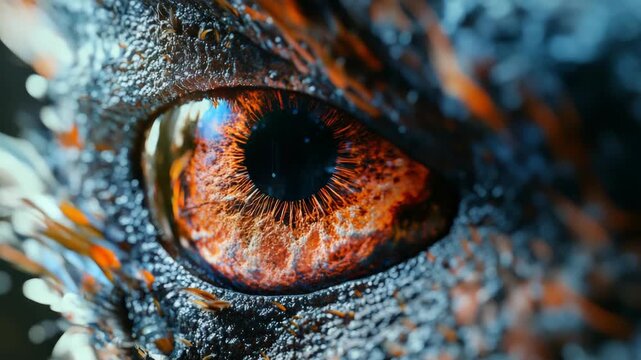A close-up view of a dragon's eye with iridescent scales and intense gaze.
