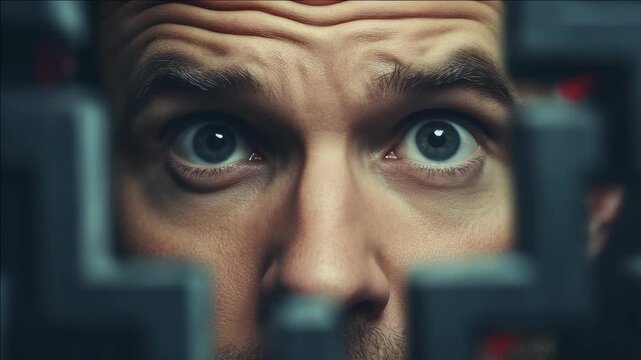 Close-up of a man with his eyes wide open, looking surprised or in shock. He appears to be inside an industrial or high-tech environment, surrounded by screens and control panels.