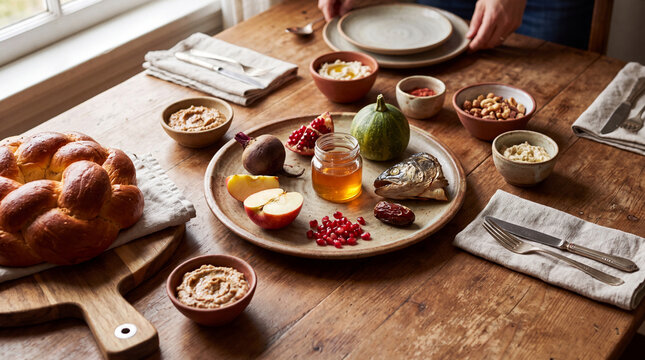 Rosh Hashanah Seder plate with apple honey fish head challah and symbolic foods on table