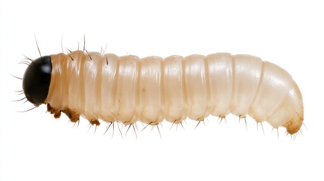 Macro shot of a beetle larva with a black head isolated on a white background