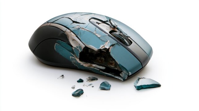 Shattered Teal Computer Mouse Isolated on White Background Symbolizing Technical Failure and Frustration