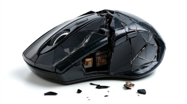 Smashed and Broken Black Computer Mouse Isolated on White Background