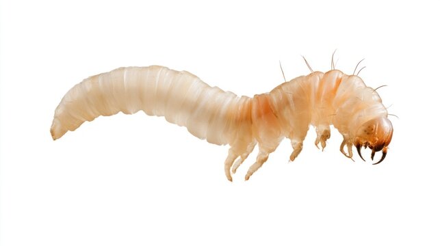 Macro shot of a wood-boring longhorn beetle larva (Cerambycidae) isolated on white background