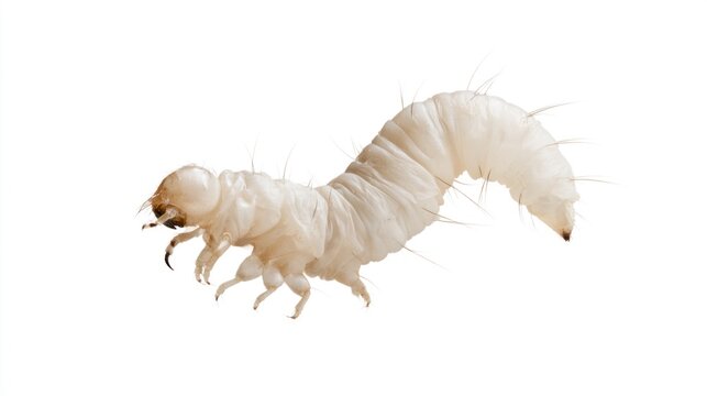 Detailed macro shot of a white beetle larva isolated on a plain white background. This common garden grub shows its segmented body and legs clearly.