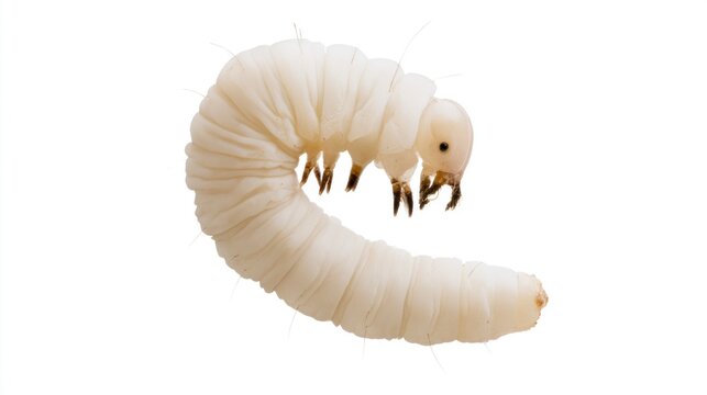 Macro shot of a white grub larva isolated on a white background