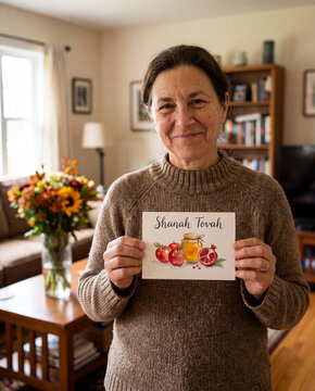 Smiling woman holding Shanah Tovah greeting card with apples honey and pomegranate art