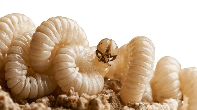 Extreme close-up of woodworm larvae or grubs isolated on a white background, showing their segmented white bodies and brown heads.