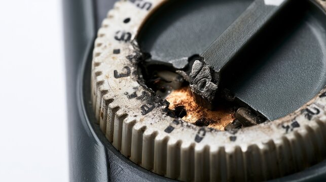 Close-up of a melted and charred electrical timer dial showing significant damage from an electrical fire or short circuit