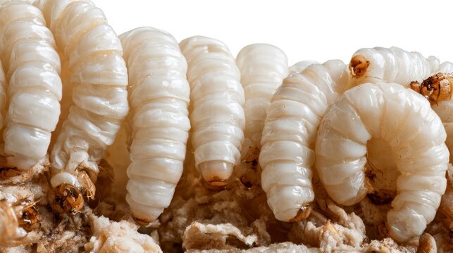 Macro photography of a cluster of white larvae or grubs on organic material