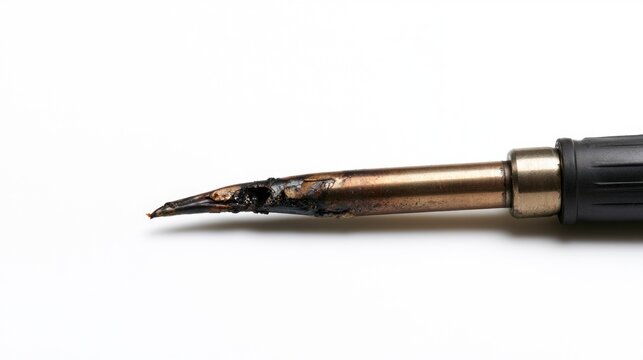 Close-up of a damaged and burnt soldering iron tip on a white background