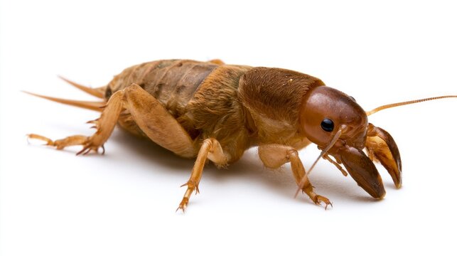 Close-up of a Mole Cricket (Gryllotalpidae) Isolated on a White Background