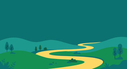 Obraz premium Scenic rolling green hills landscape vector illustration design featuring a winding yellow path through a peaceful natural meadow environment