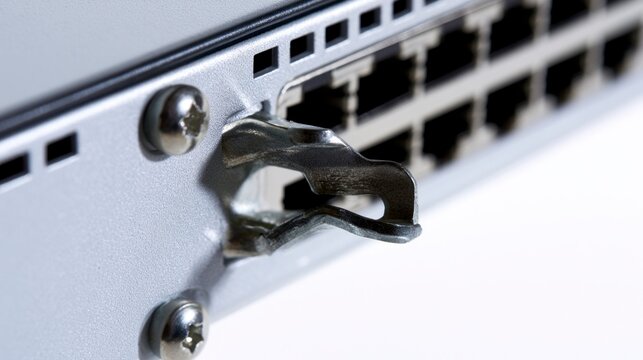 Close-up View of a Network Switch with RJ45 Ethernet Ports and Mounting Latch