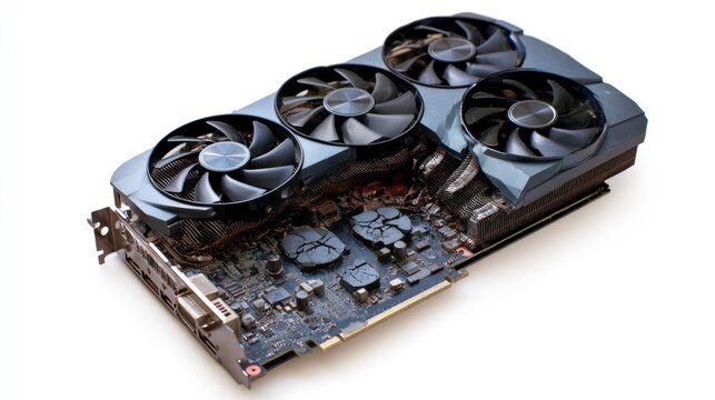Damaged and Broken Modern High-End Graphics Card with Three Fans Isolated on White Background