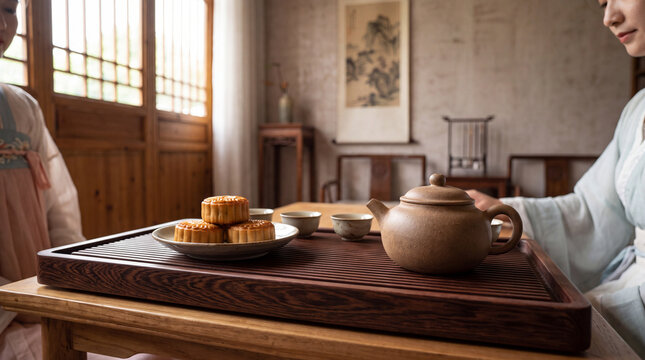 Chinese tea ceremony tray with clay teapot teacups and mooncakes in traditional room
