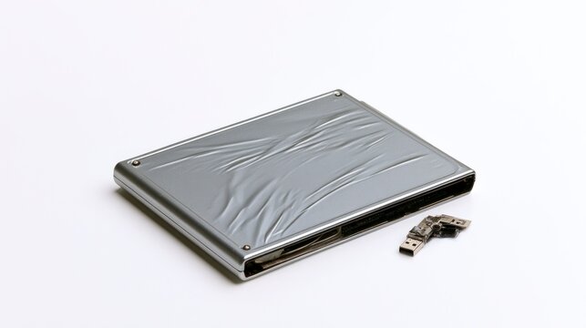 Damaged and Melted External Hard Drive Case with Broken USB Connector Isolated on White Background