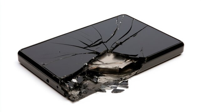 Smashed and Broken Tablet Screen with Shattered Glass Isolated on White Background