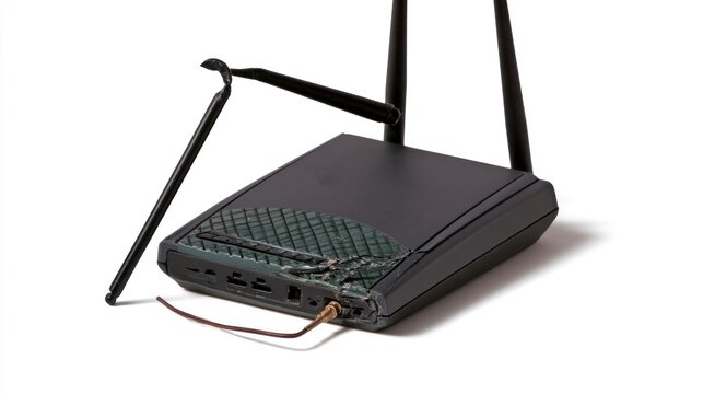Broken Wireless WiFi Router with Damaged Antenna and Smashed Casing Isolated on White