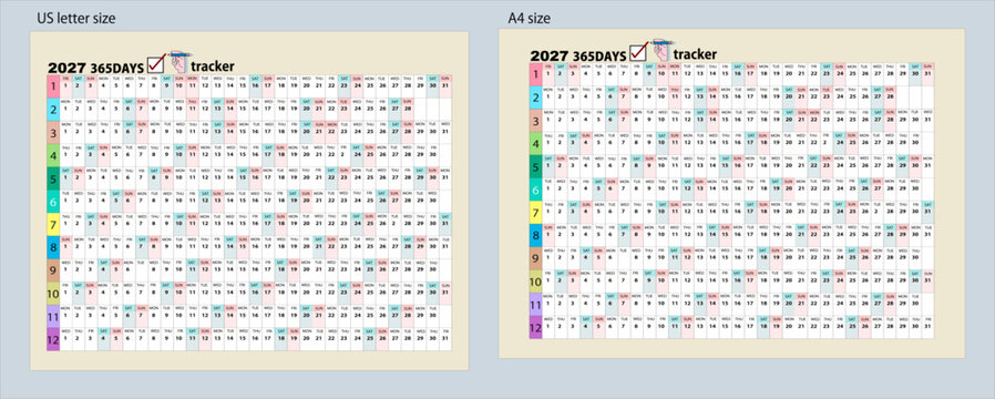 2027 yearly calendar 365 days tracker planner template set in A4 and US letter size