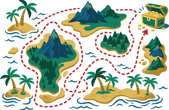 Pirate treasure map vector illustration . Vintage style route with islands, mountains, palm trees, ocean waves, gold chest .