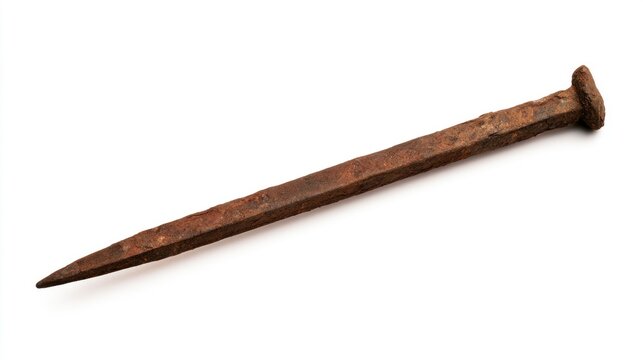Single old rusty iron nail isolated on white background